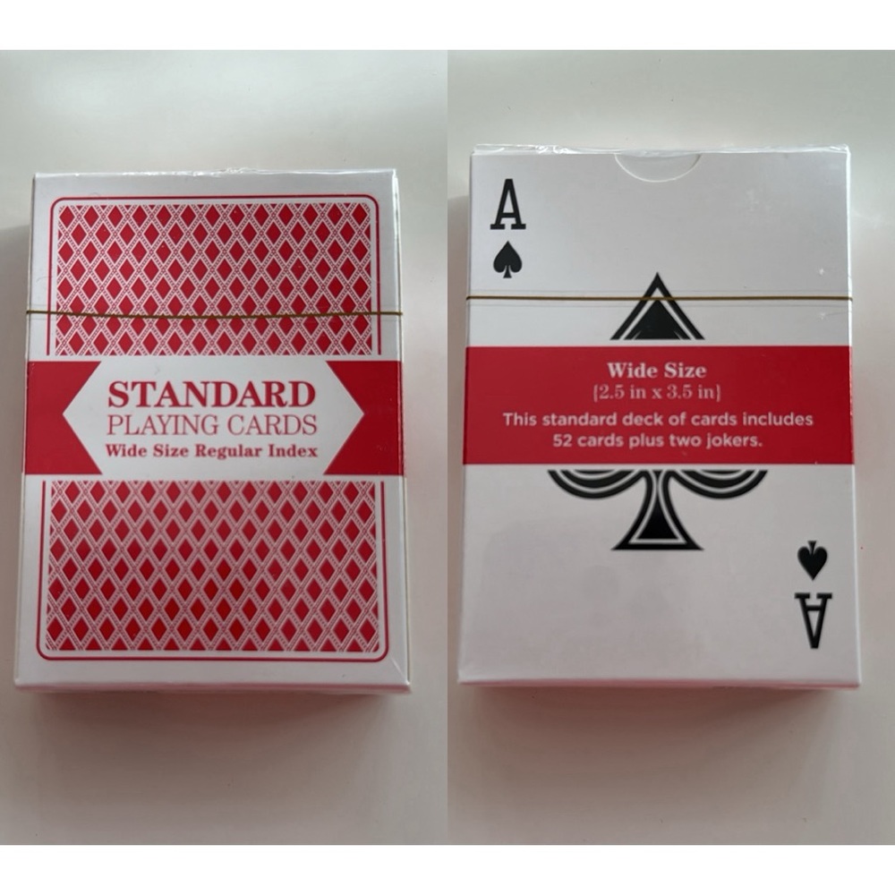 Standard playing cards, wide size regular index, red deck, plastic coated